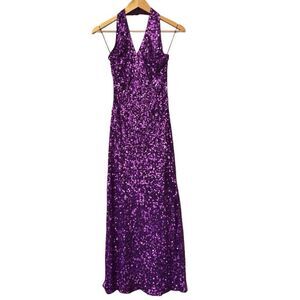 Cache Purple Sequined Halter Dress Stretch Bodycon Fully Lined size 4